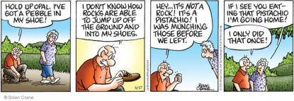 Earl finds a pistachio nut in his shoe while on a walk with Ethyl.