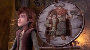 Hiccup stands in front of the misleading portrait.