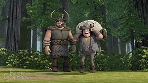 Snotlout and his father Spitelout prepare for the Thawfest games.