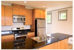 For a remodeled kitchen, I like stainless steel appliances, light-to-medium wood cabinets, and a dark countertops.