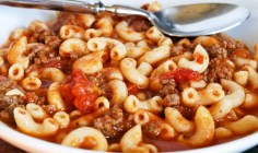 American goulash is a mixture of hamburger, tomatoes, and elbow macaroni.