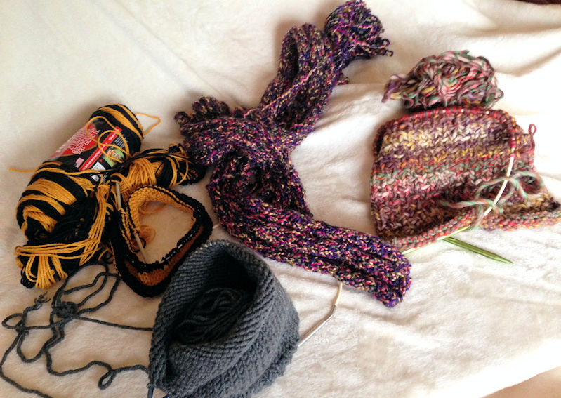 I'm currently knitting two scarves and two hats.